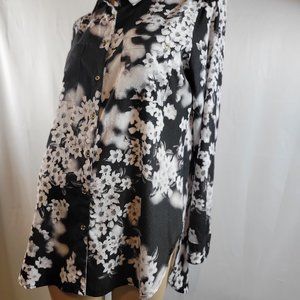 CALVIN KLEIN Black and White Floral Blouse, with Gold buttons